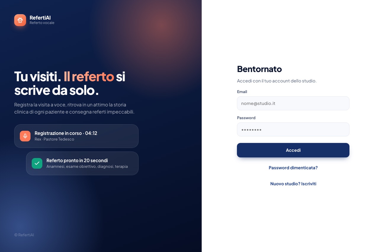 Schermata di accesso dell'applicazione RefertiAI: a sinistra la presentazione, a destra il modulo con email e password dello studio